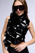 DREAM BIG FAUX LEATHER FLOUNCE TOP IN BLACK