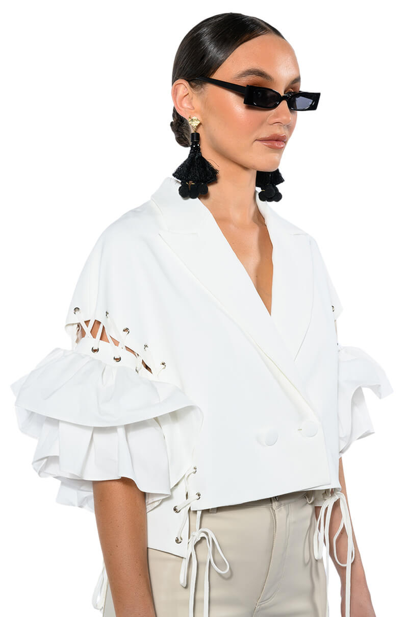 EASY DOES IT RUFFLE SLEEVE CROP BLAZER