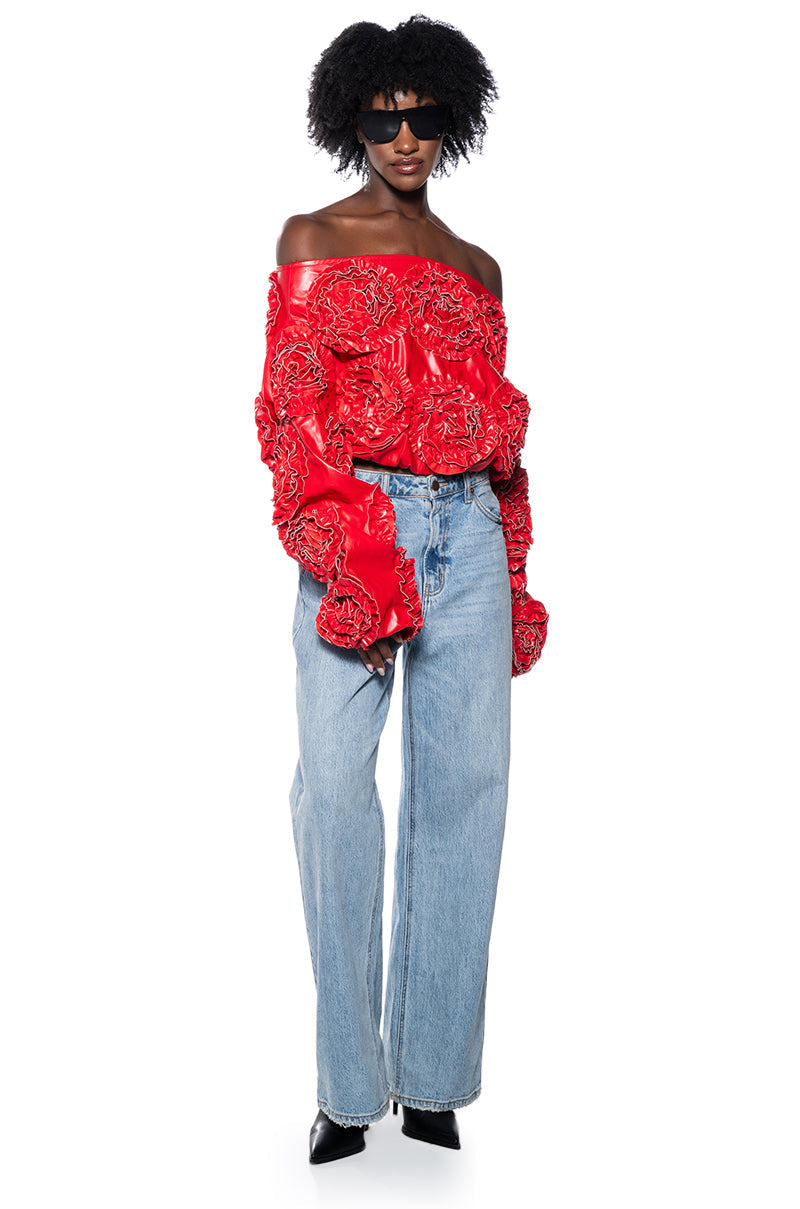 EASY FAUX LEATHER OFF THE SHOULDER SWEATSHIRT