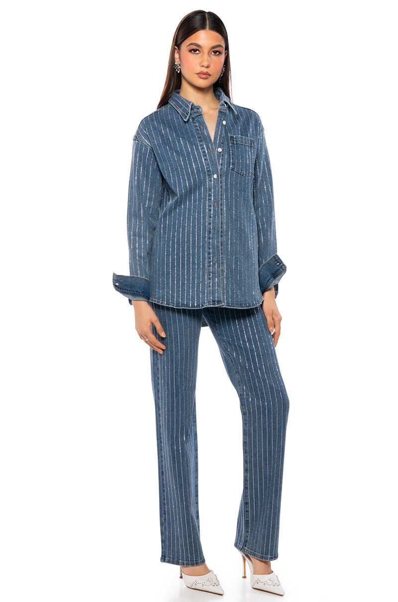 EFFORTLESS GLAM RHINESTONE STRIPE WIDE LEG JEAN