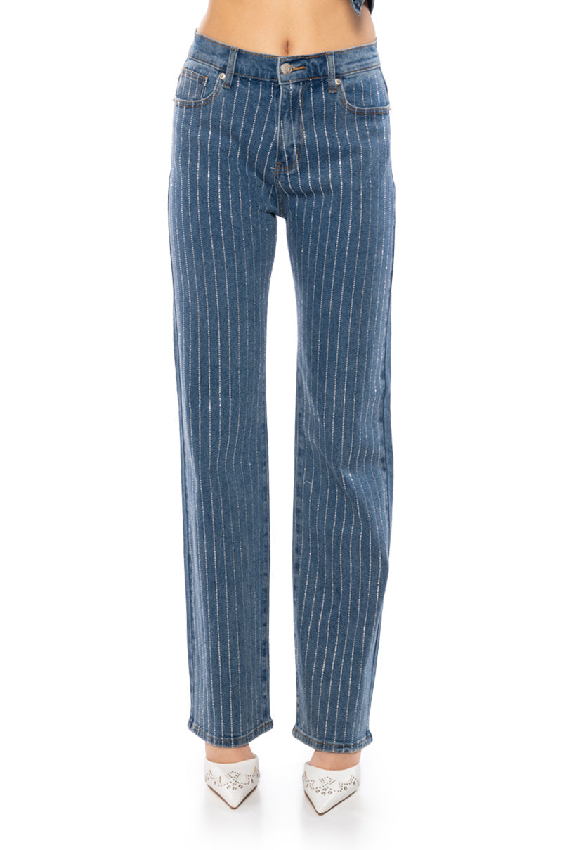 EFFORTLESS GLAM RHINESTONE STRIPE WIDE LEG JEAN