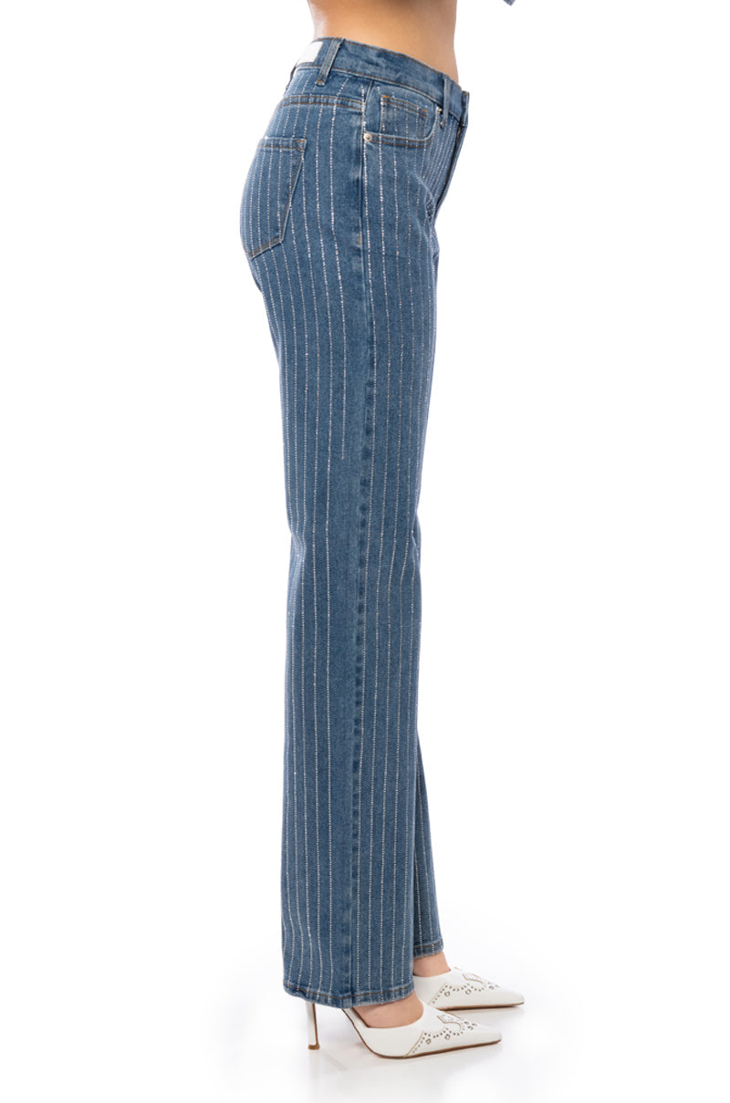 EFFORTLESS GLAM RHINESTONE STRIPE WIDE LEG JEAN