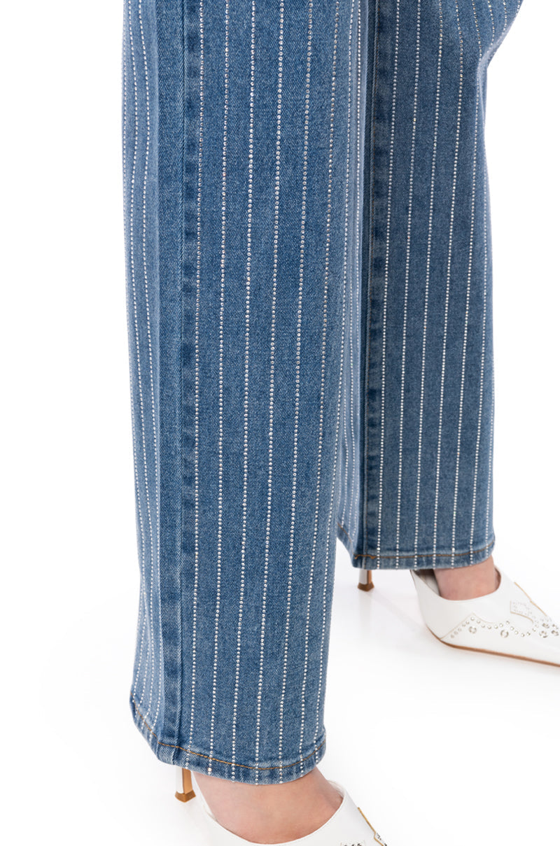 EFFORTLESS GLAM RHINESTONE STRIPE WIDE LEG JEAN