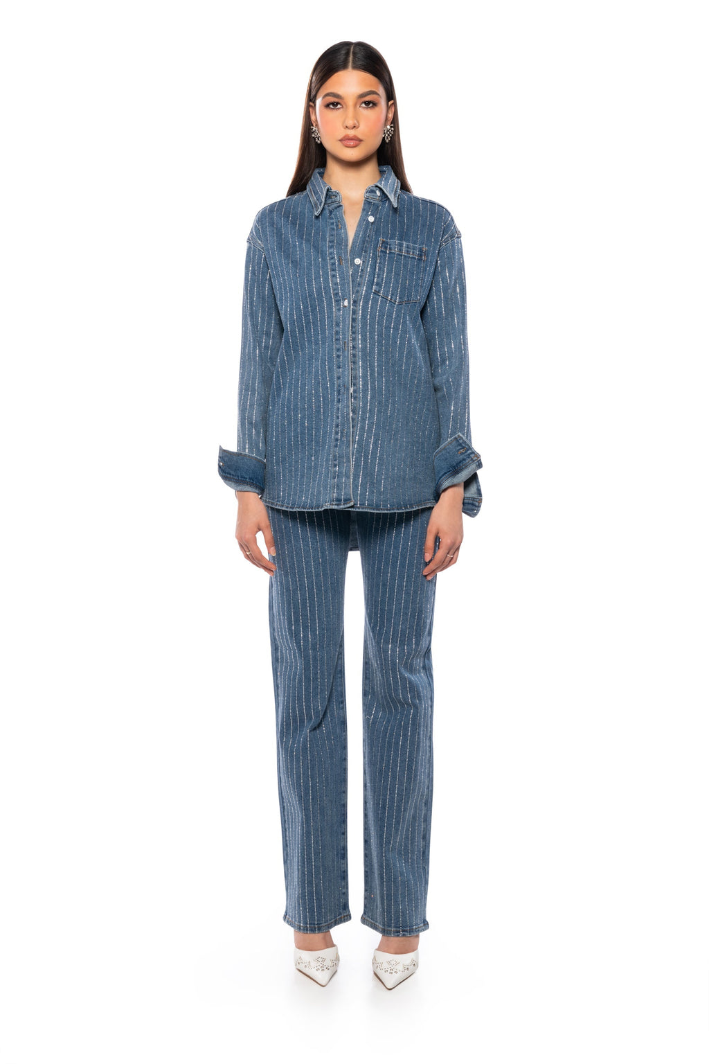EFFORTLESS GLAM RHINESTONE STRIPE WIDE LEG JEAN