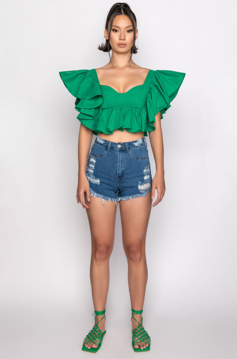 JUNO RUFFLE SLEEVE CROPPED BLOUSE