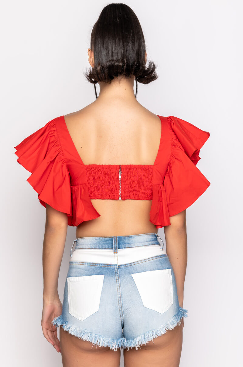JUNO RUFFLE SLEEVE CROPPED POPLIN BLOUSE