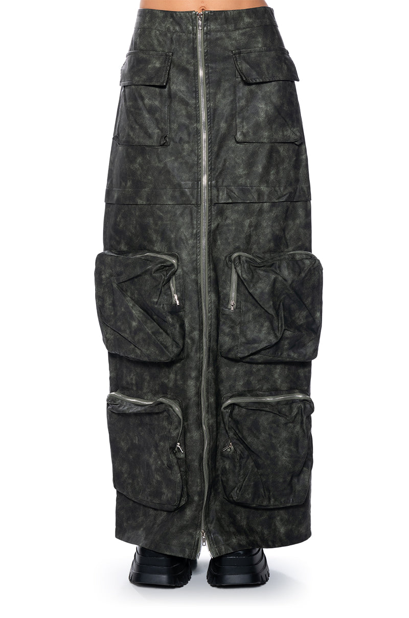 ELISIA DISTRESSED FAUX LEATHER CARGO MAXI SKIRT