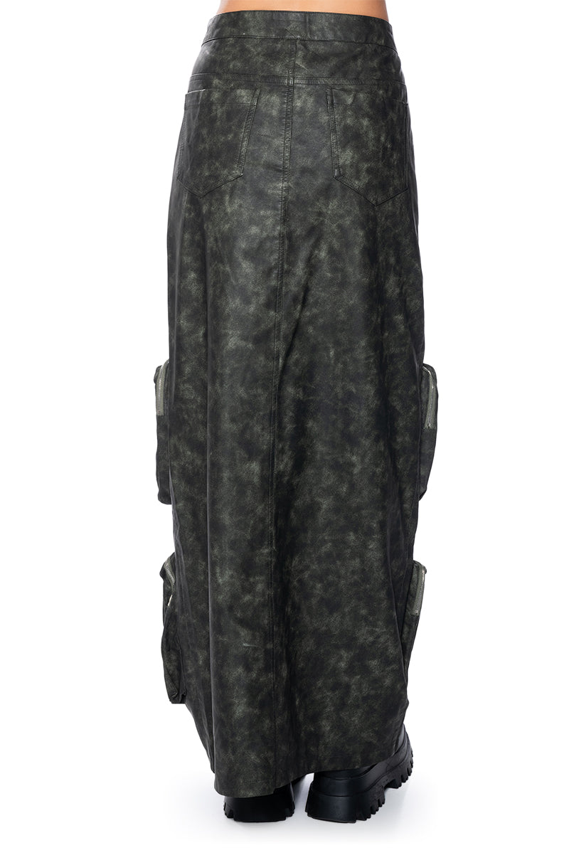 ELISIA DISTRESSED FAUX LEATHER CARGO MAXI SKIRT