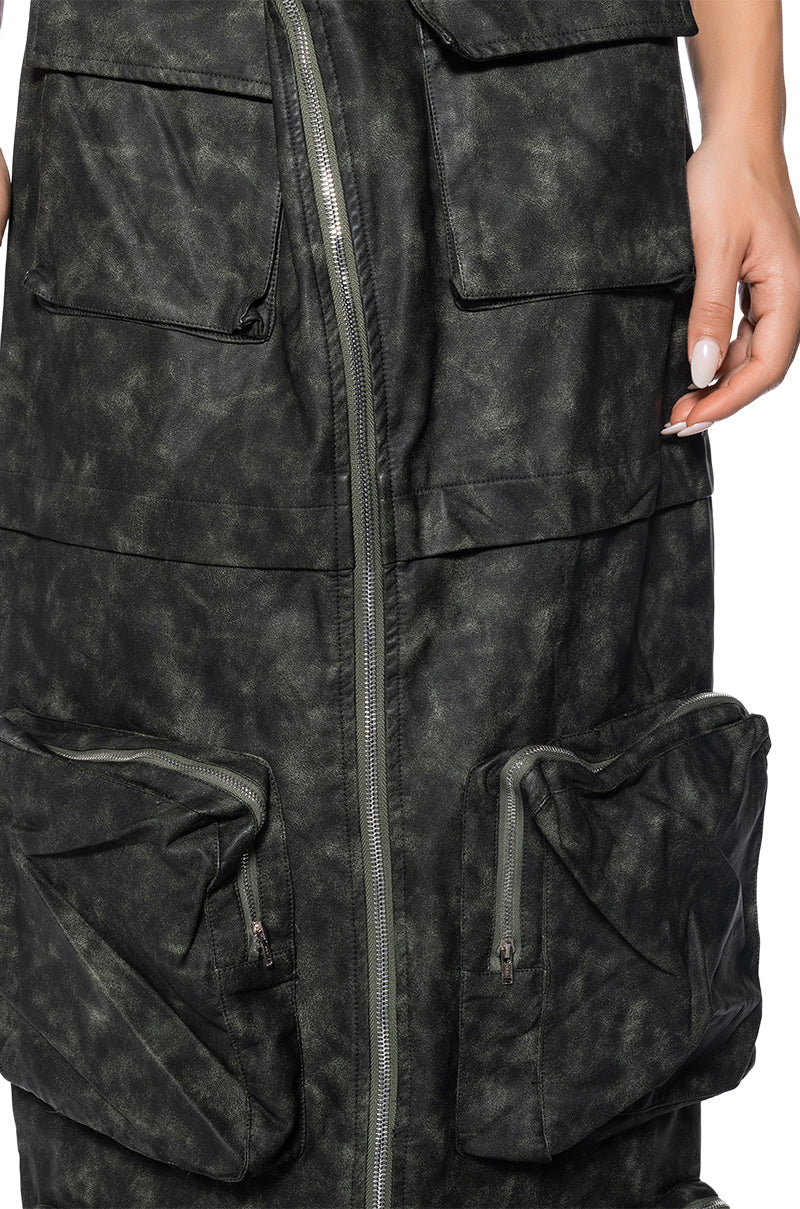 ELISIA DISTRESSED FAUX LEATHER CARGO MAXI SKIRT