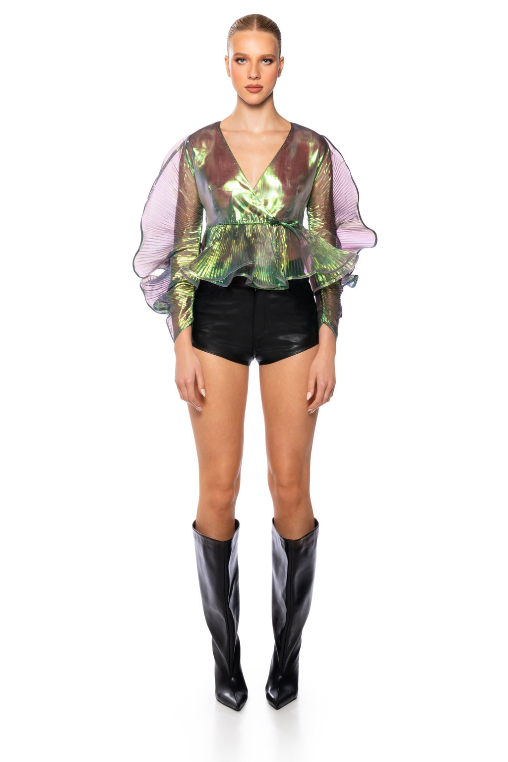 ETHEREAL PLEATED PEPLUM WRAP BLOUSE