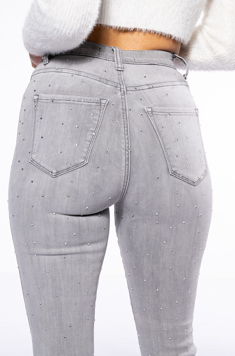 EXTREME STRETCH HIGH WAISTED SKINNY JEANS WITH RHINESTONES