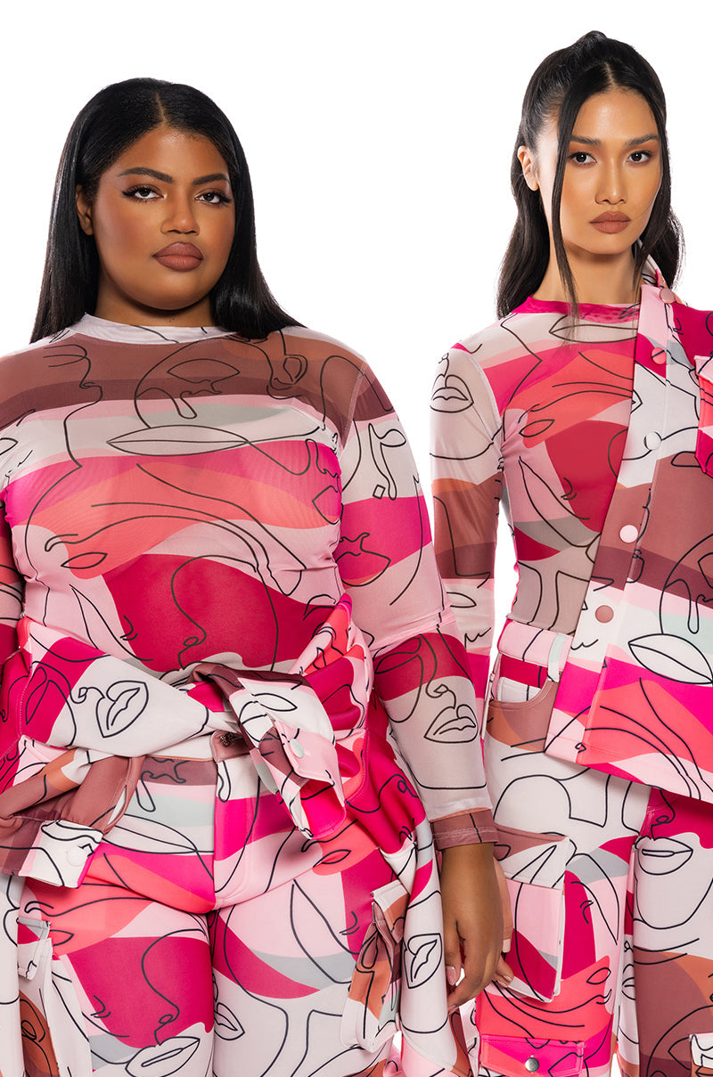 FACES PRINTED MESH BODYSUIT
