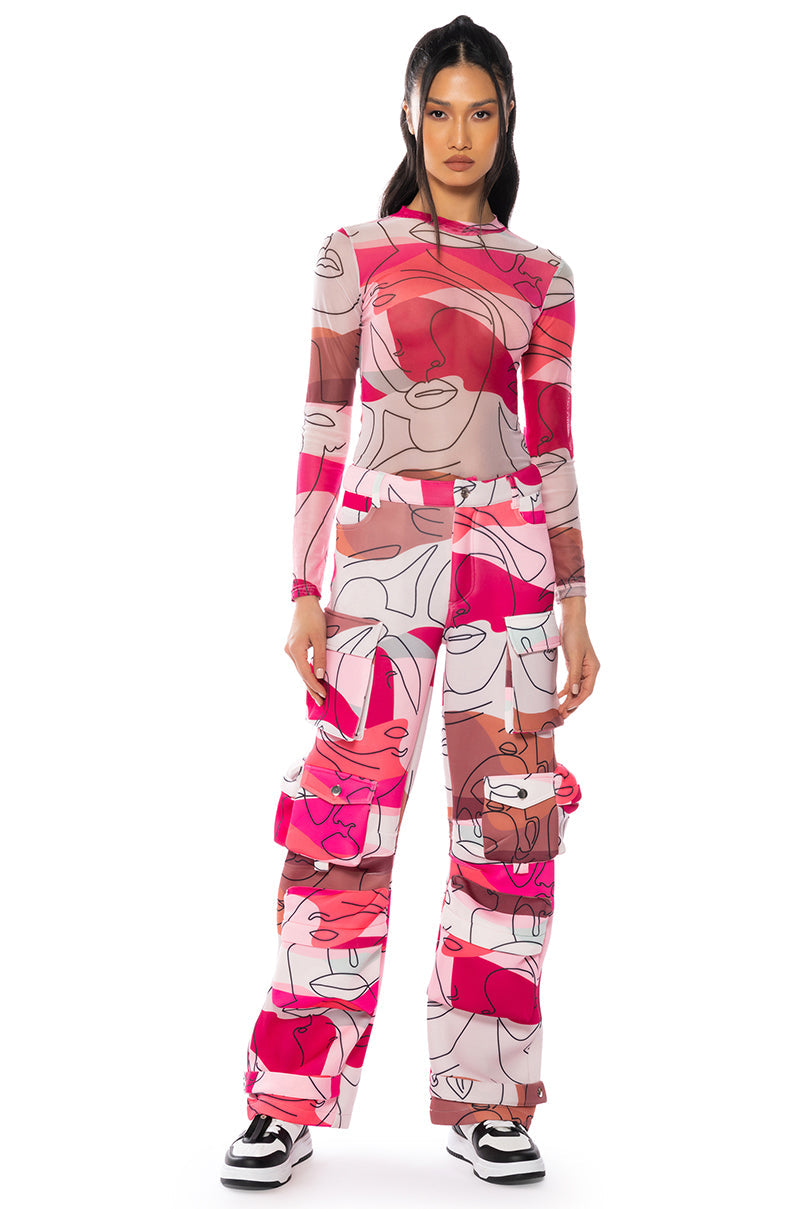 FACES PRINTED MESH BODYSUIT