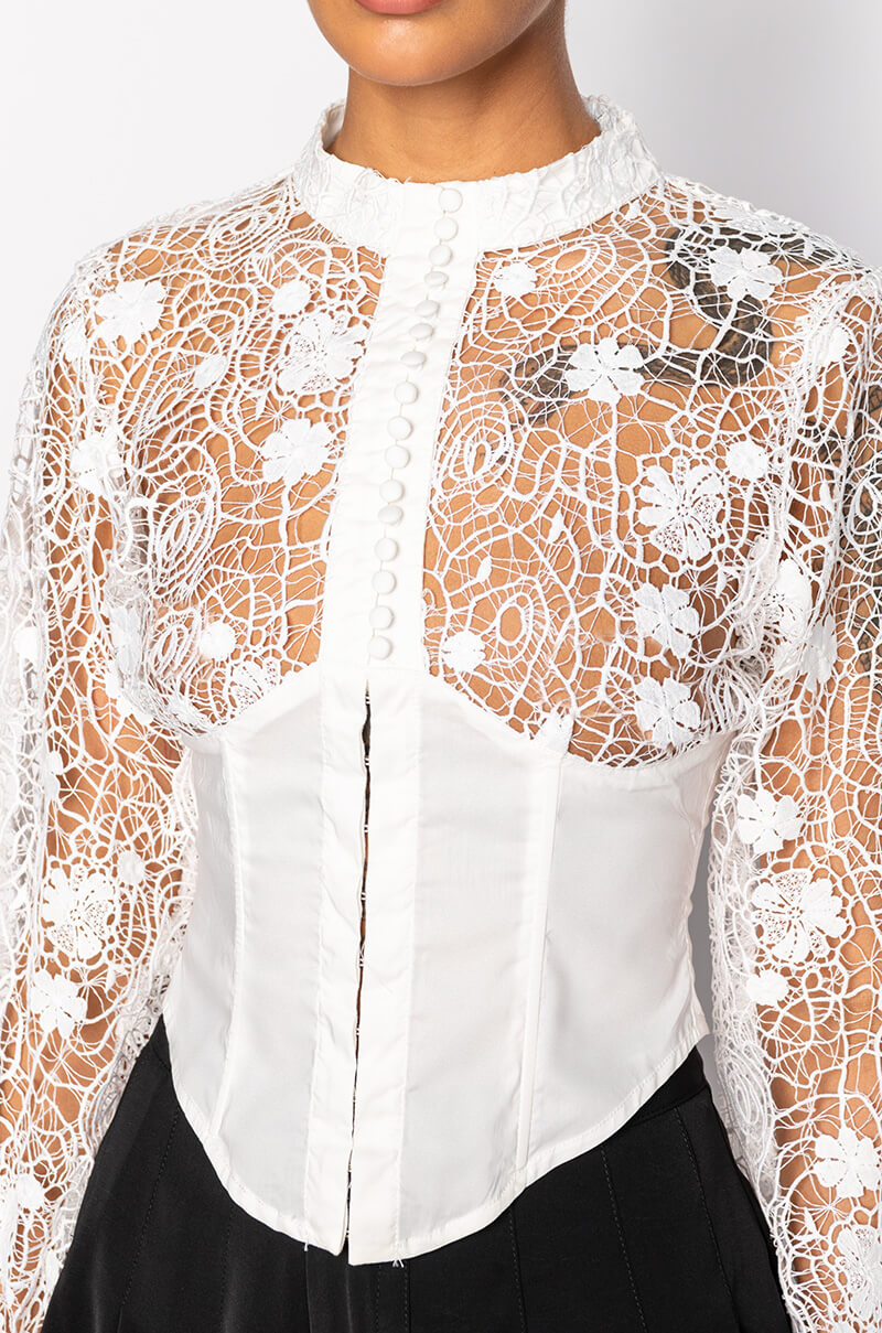 FANTASY LONG SLEEVE MOCK NECK LACE BLOUSE
