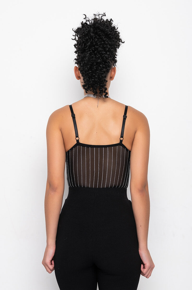 FASHIONABLY LATE RHINESTONE MESH BODYSUIT