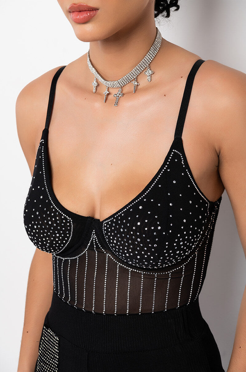FASHIONABLY LATE RHINESTONE MESH BODYSUIT