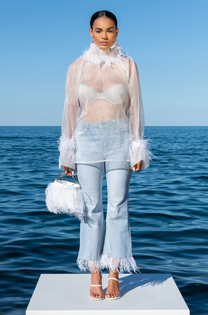 FEATHERS ALL OVER CROP HIGH WAIST JEANS
