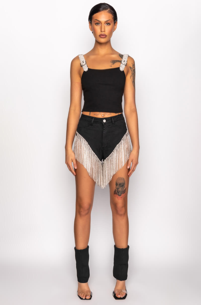 FINER THINGS RHINESTONE STRAP RIBBED TANK