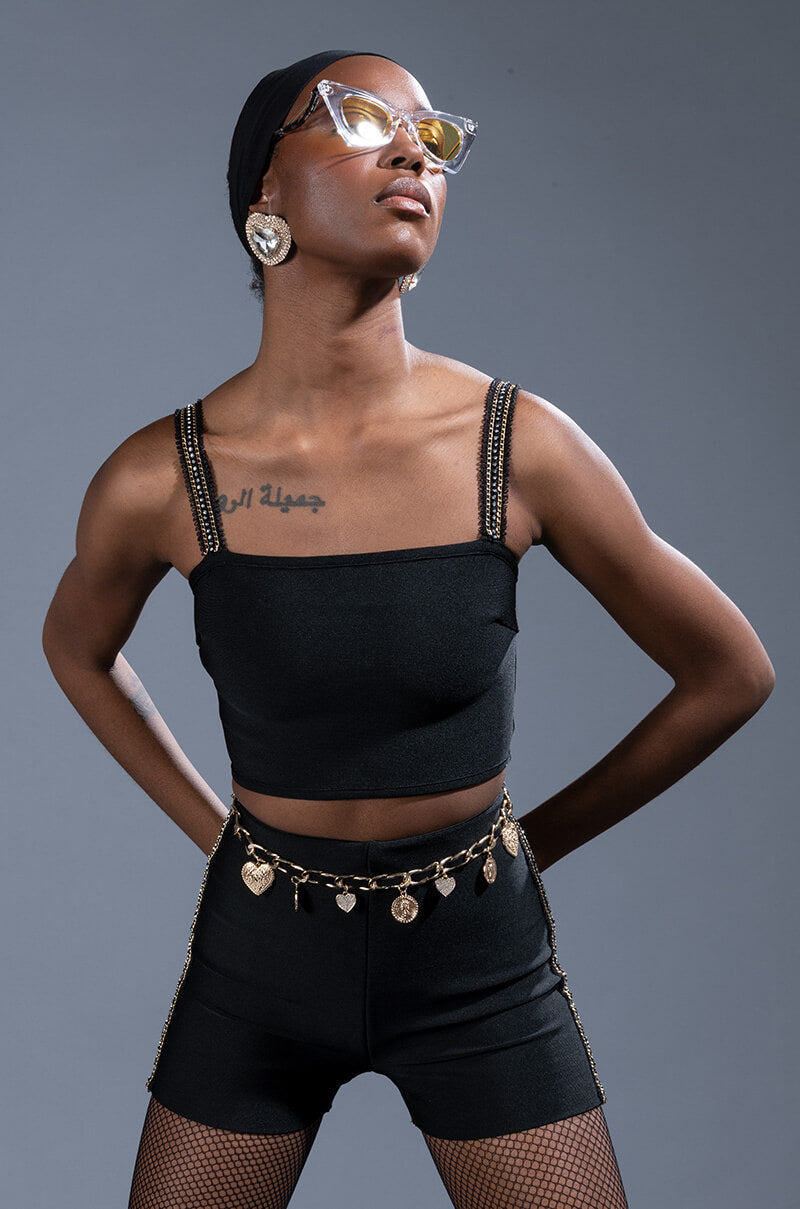 FIRST PLACE RHINESTONE TRIM BANDAGE CROP TOP