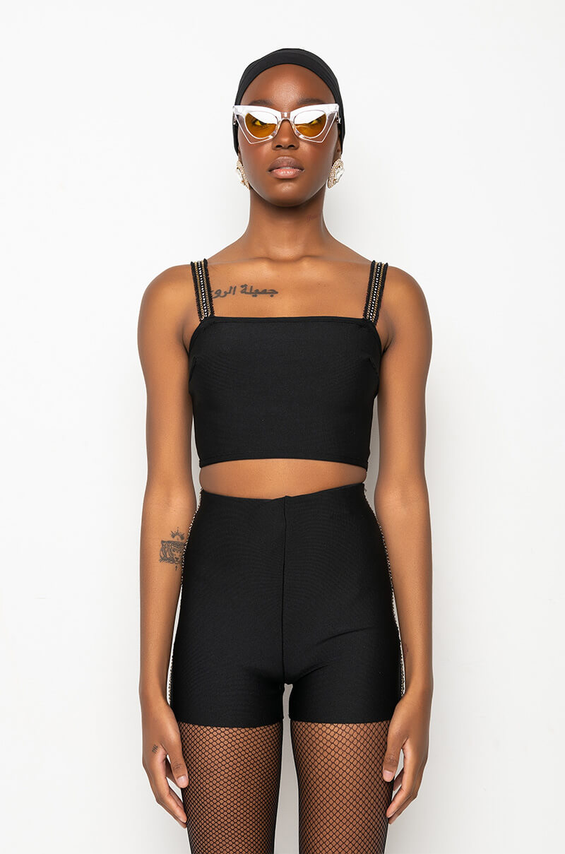 FIRST PLACE RHINESTONE TRIM BANDAGE CROP TOP