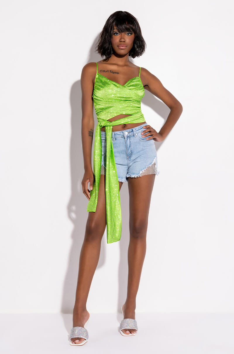FIVE O'CLOCK SOMEWHERE SLEEVELESS RHINESTONE SATIN BLOUSE