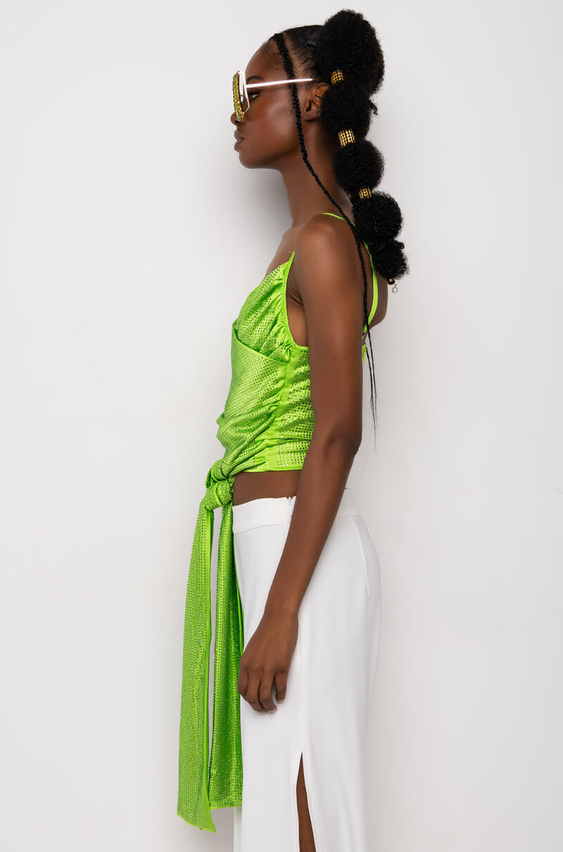 FIVE O'CLOCK SOMEWHERE SLEEVELESS RHINESTONE SATIN BLOUSE
