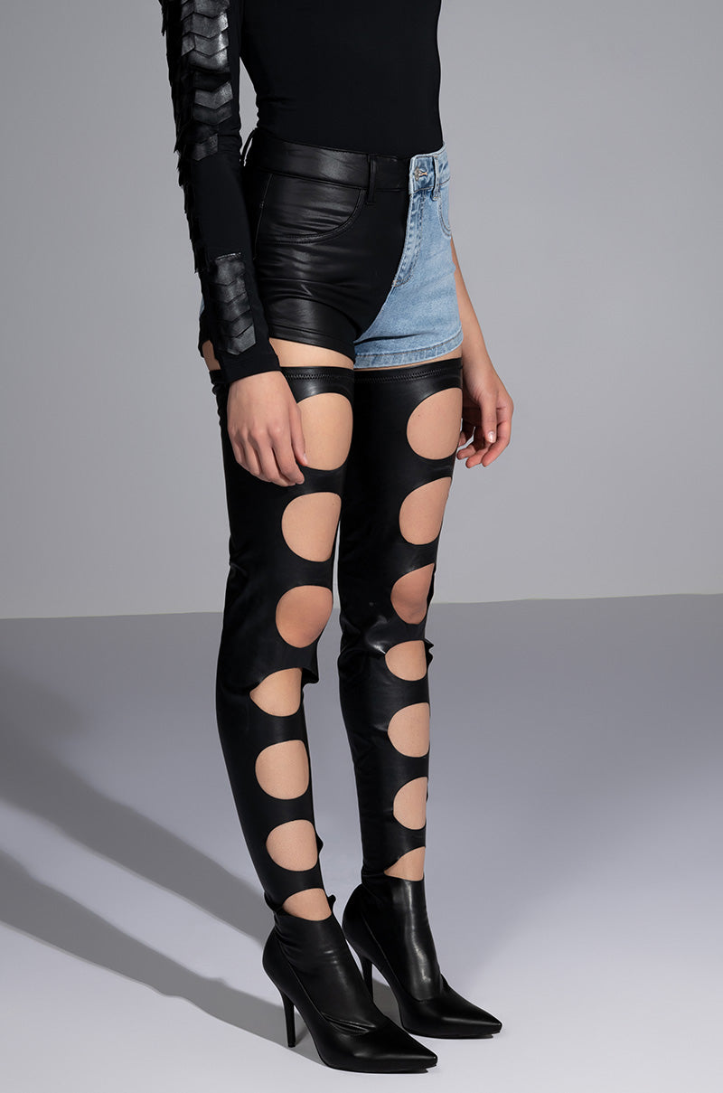 FLEX FIT EXTREME STRETCH FAUX LEATHER AND DENIM SHORTS
