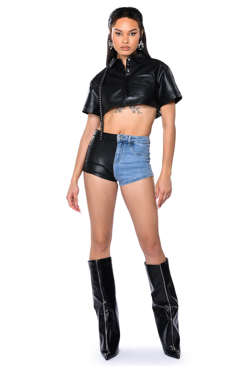 FLEX FIT EXTREME STRETCH FAUX LEATHER AND DENIM SHORTS