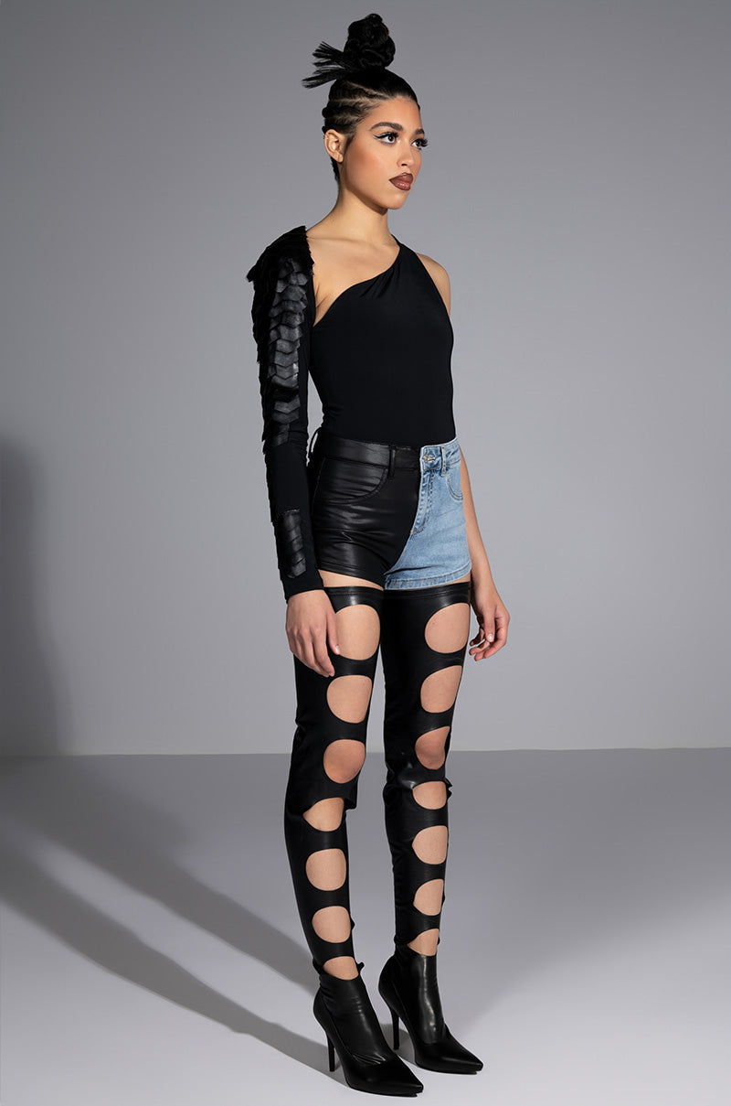 FLEX FIT EXTREME STRETCH FAUX LEATHER AND DENIM SHORTS