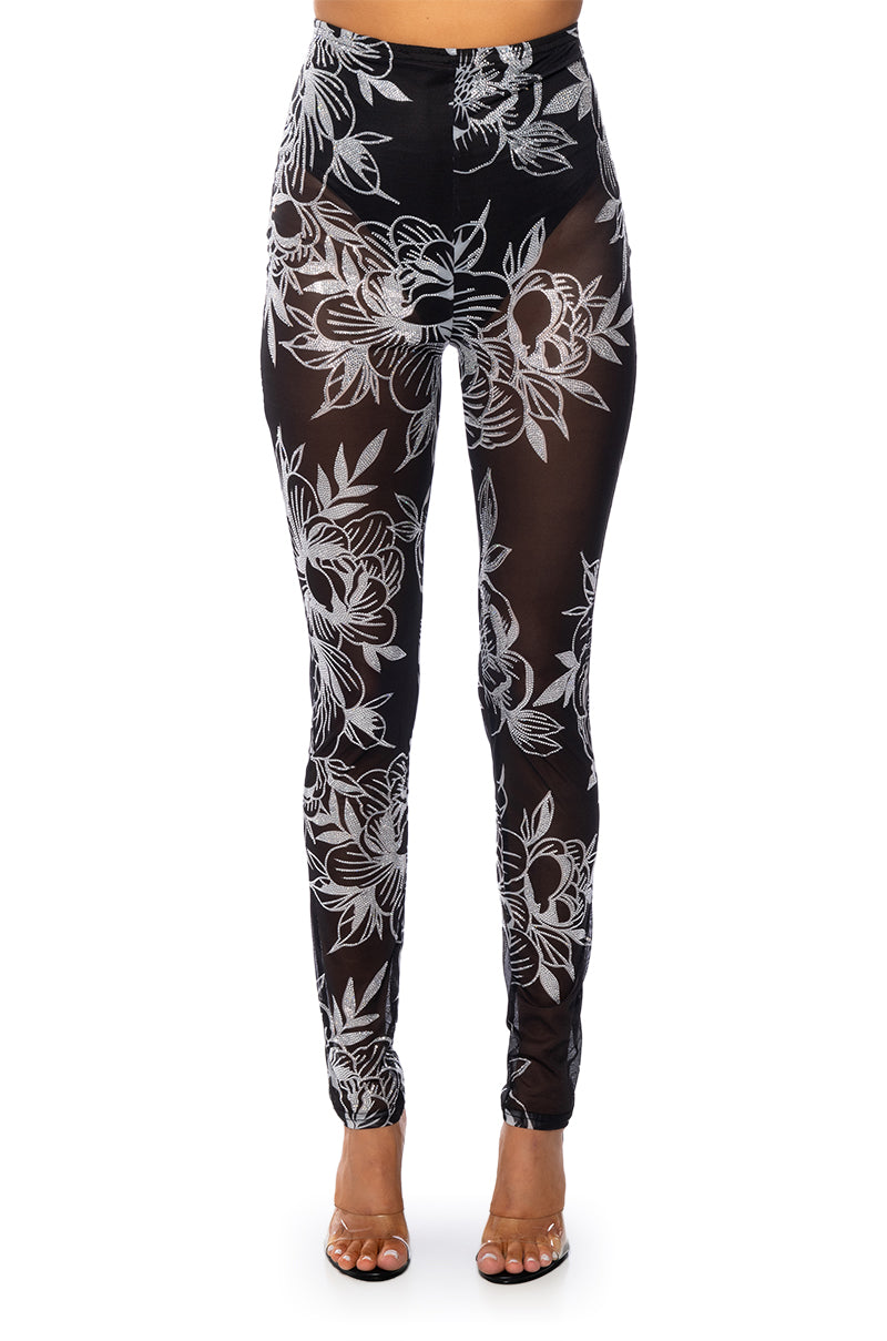 FLORAL DELIGHT RHINESTONE MESH LEGGING