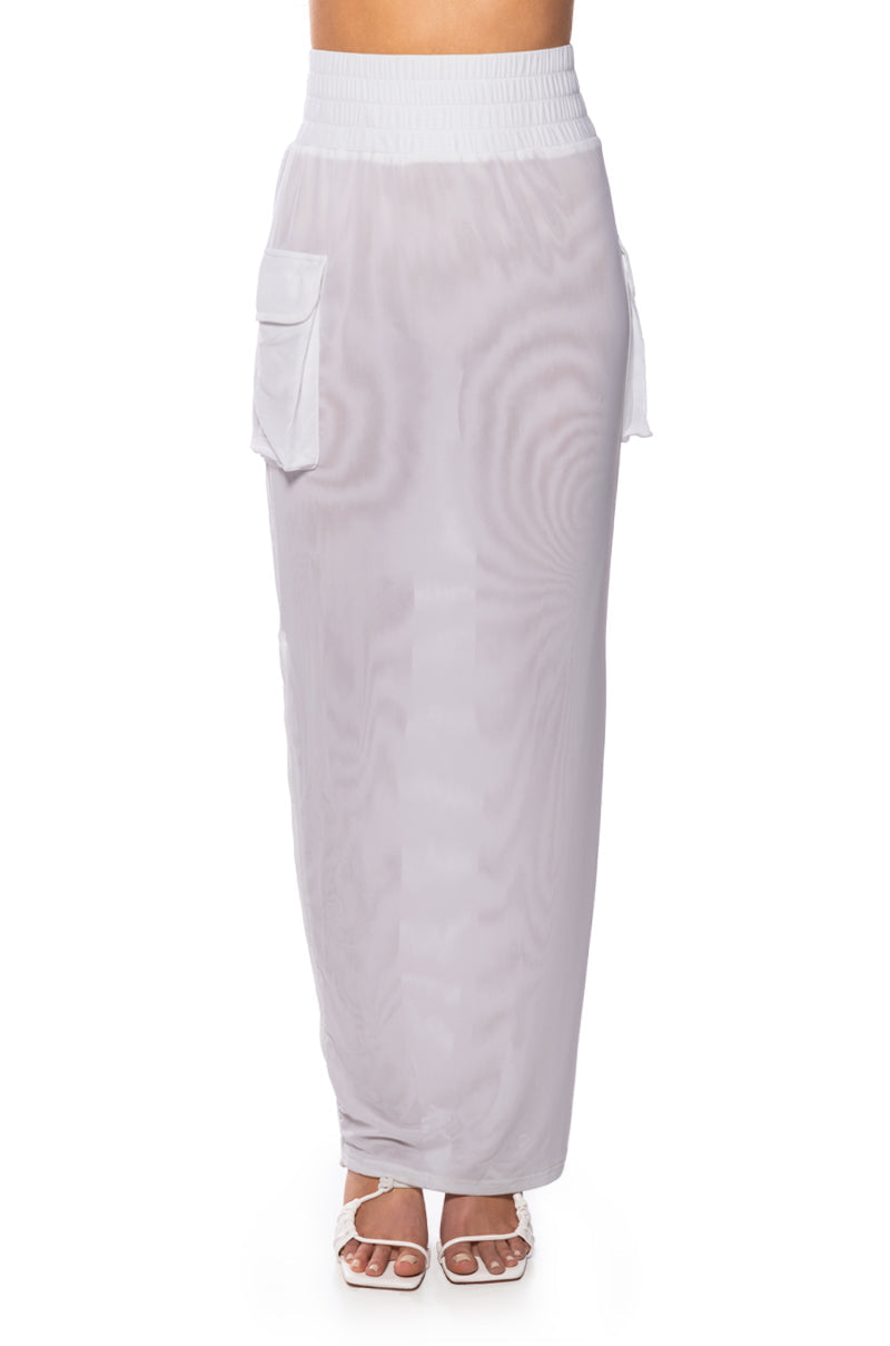 FOLLOW ME ADJUSTABLE DOUBLE MESH CARGO SKIRT IN WHITE