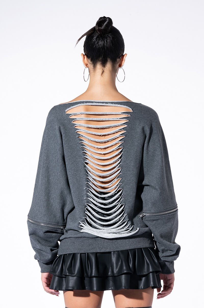 SPOTLIGHT SHREDDED ZIP SLEEVE SWEATSHIRT