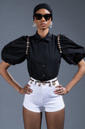 NARCISSA EMBELLISHED SHORT SLEEVE POPLIN BLOUSE