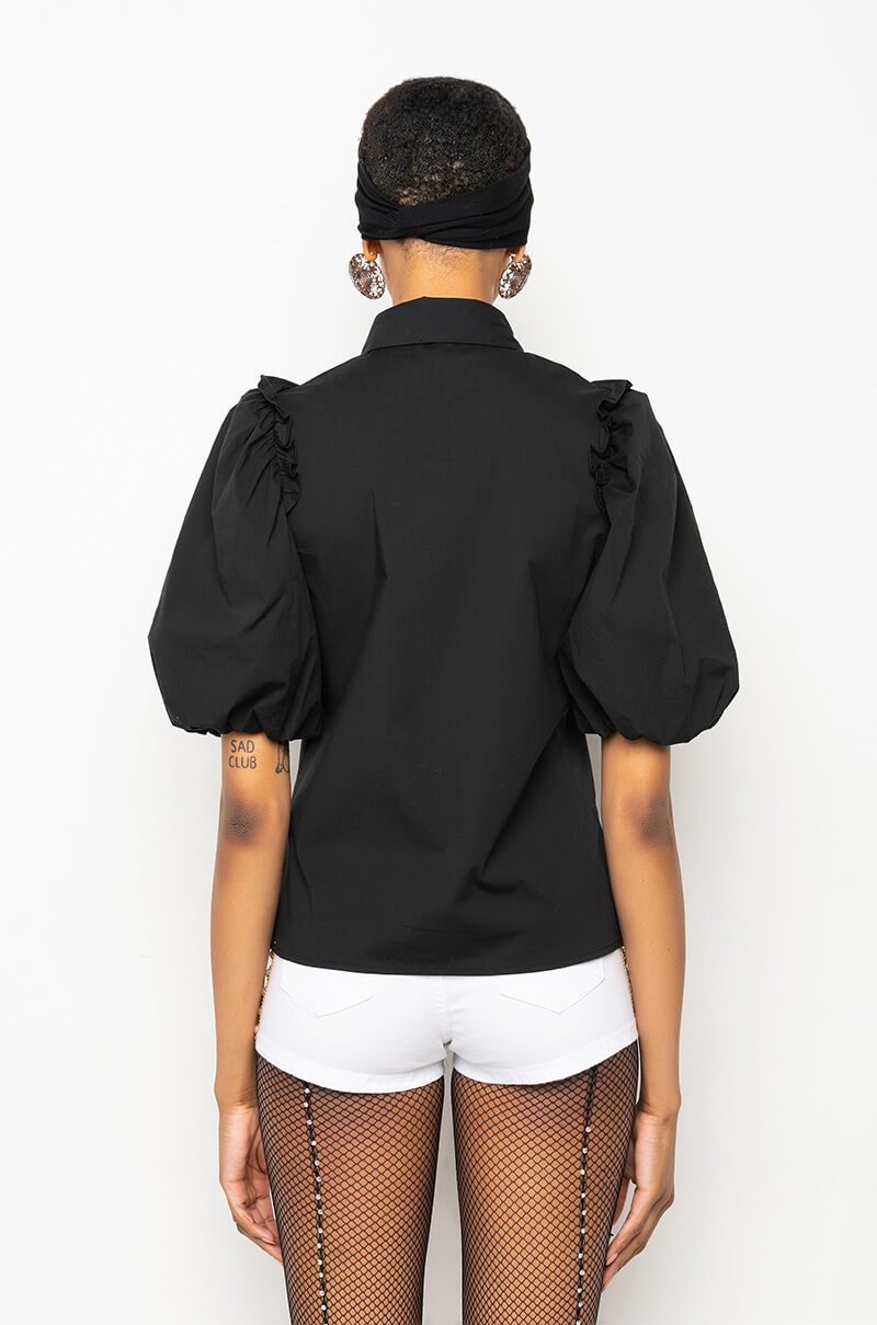 NARCISSA EMBELLISHED SHORT SLEEVE POPLIN BLOUSE