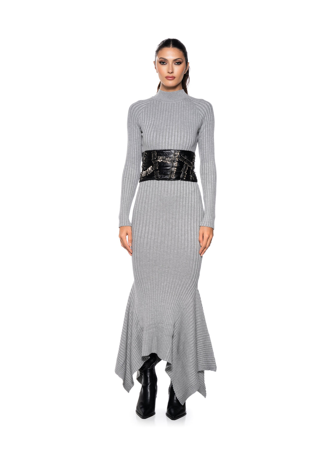 FORGET ME NOT LONG SLEEVE MOCK NECK MAXI DRESS IN HEATHER GREY