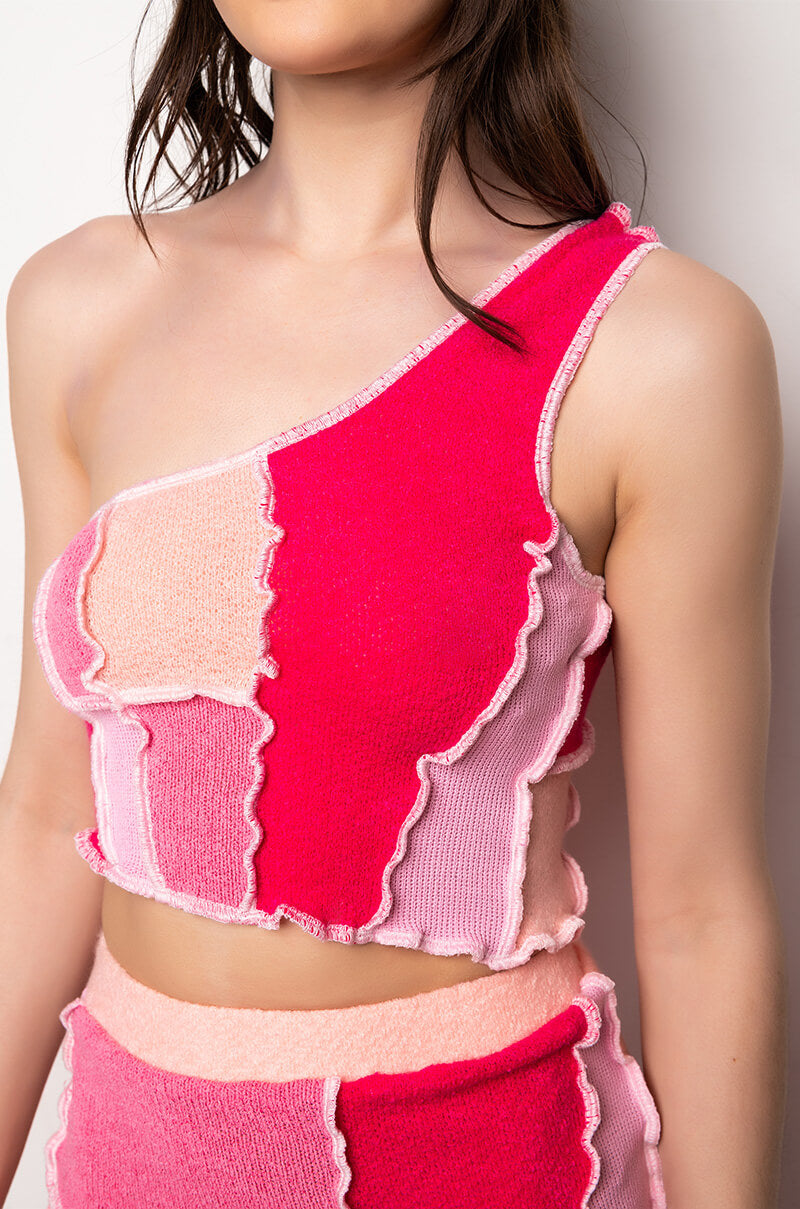 GIRL NEXT DOOR CROPPED ONE SHOULDER PATCHWORK TANK