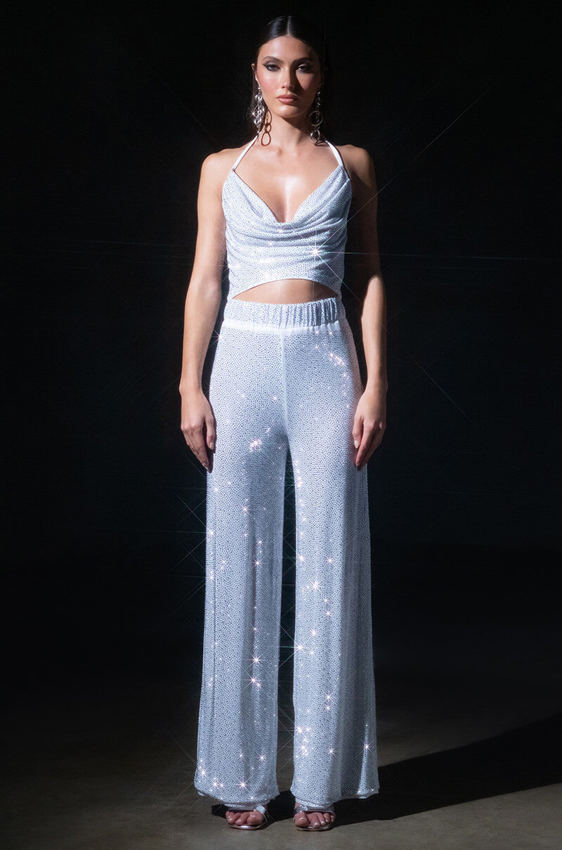 GLITZY RHINESTONE MESH PALAZZO PANT