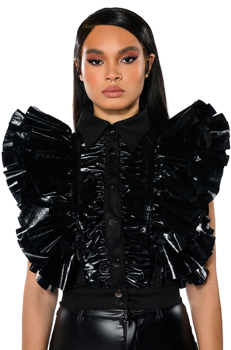 GREATEST SHOW RUFFLE BUTTON DOWN BLOUSE