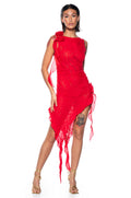 HAILEY SLEEVELESS ASYMMETRICAL RUFFLE MESH MIDI DRESS