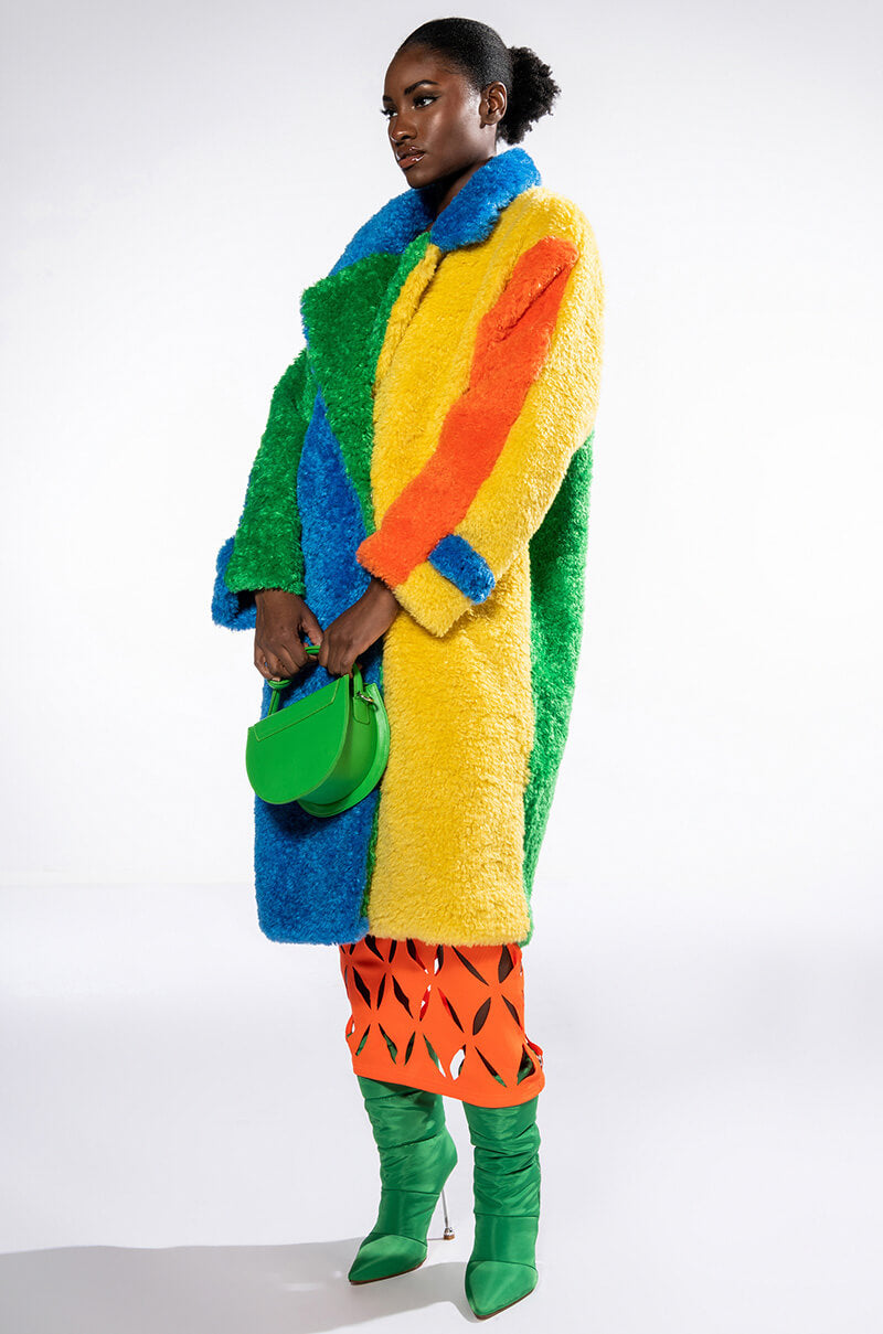MULTI COLOR BLOCK RAINBOW TEDDY FAUX FUR COAT