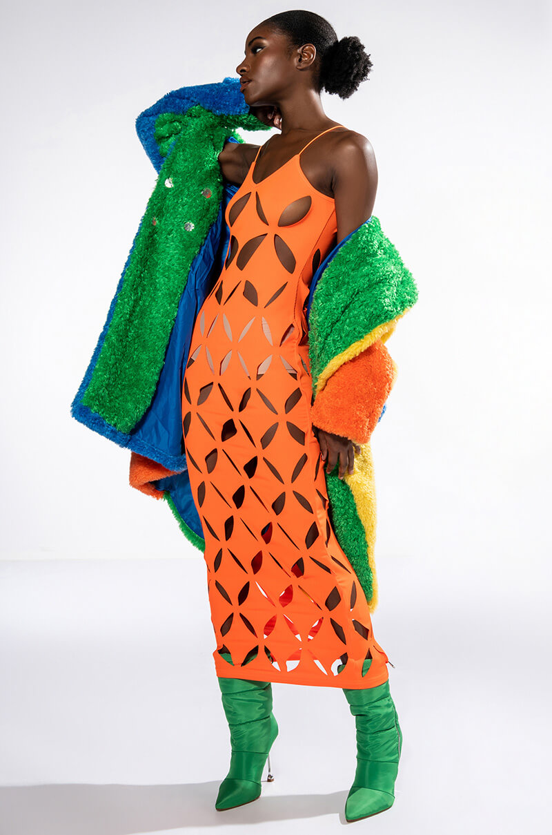 MULTI COLOR BLOCK RAINBOW TEDDY FAUX FUR COAT