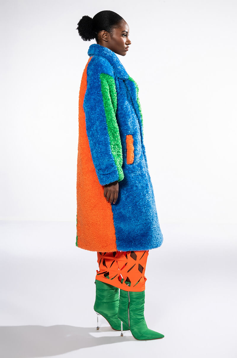 MULTI COLOR BLOCK RAINBOW TEDDY FAUX FUR COAT