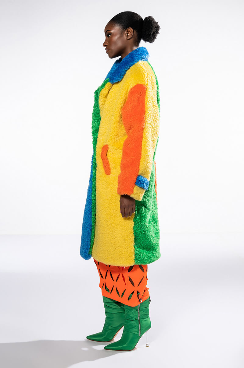 MULTI COLOR BLOCK RAINBOW TEDDY FAUX FUR COAT