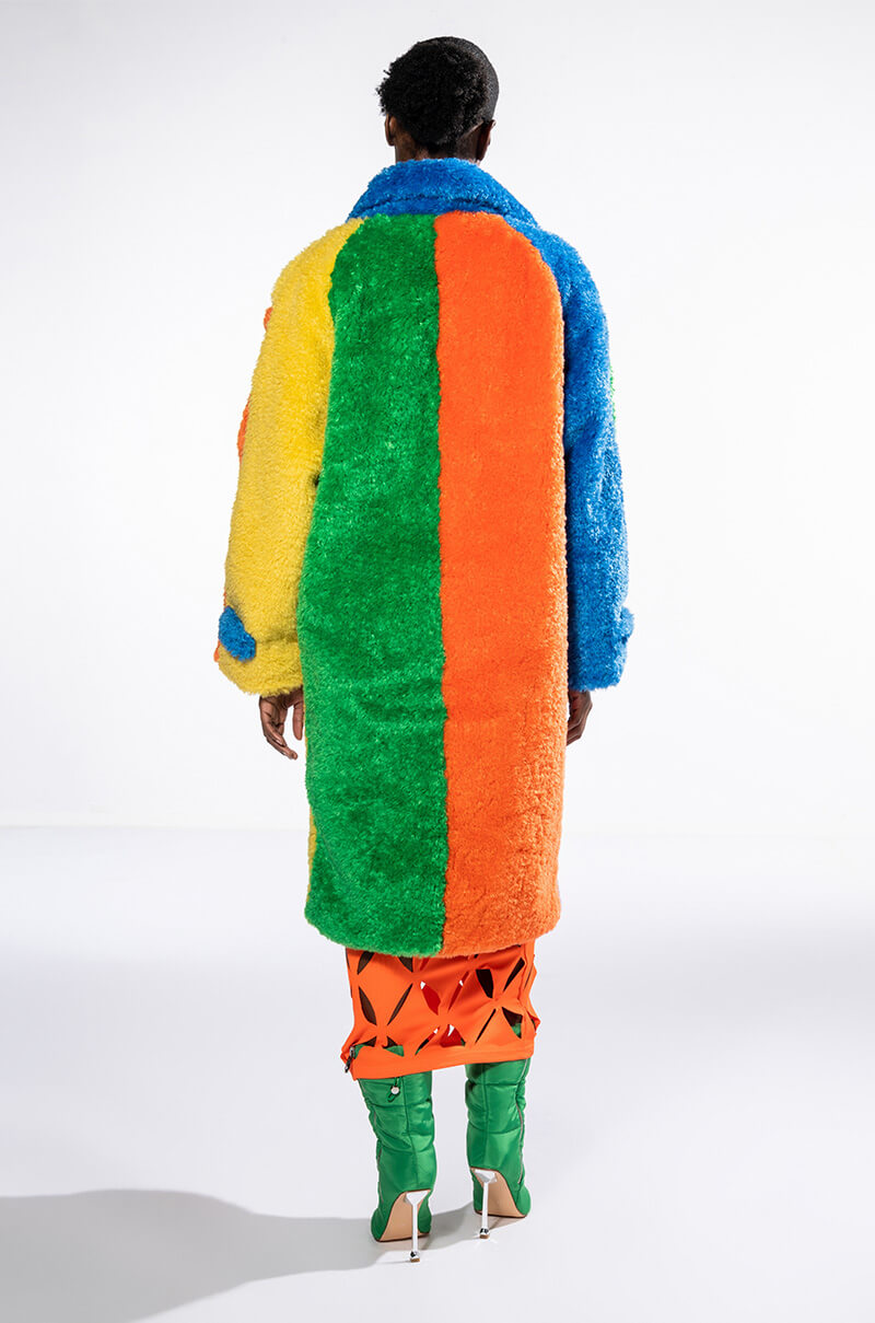 MULTI COLOR BLOCK RAINBOW TEDDY FAUX FUR COAT