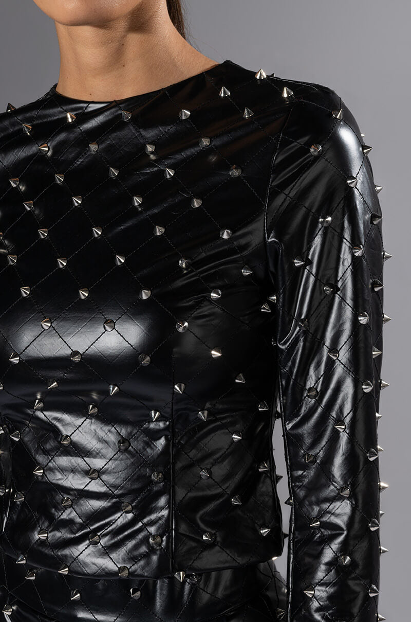 NICO FAUX LEATHER SPIKE DETAILED LONG SLEEVE TOP