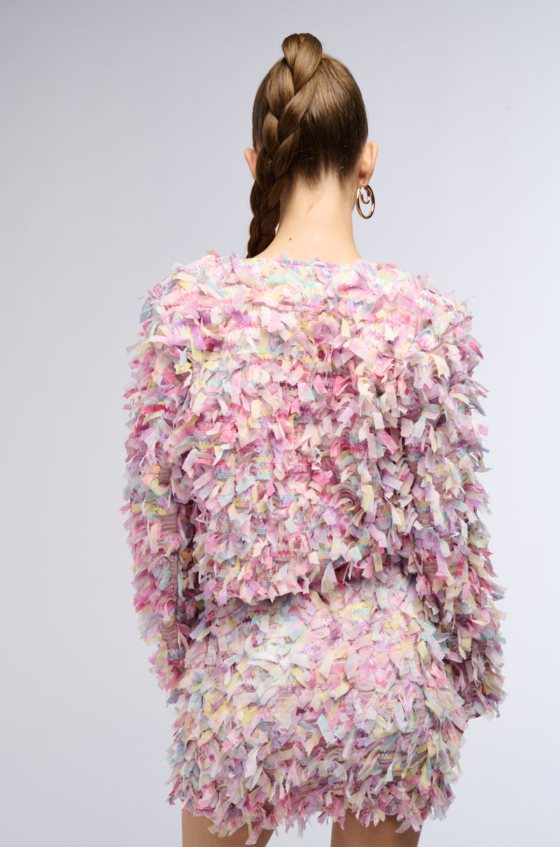 HERE WITH ME FRINGE BLAZER JACKET IN PINK MULTI