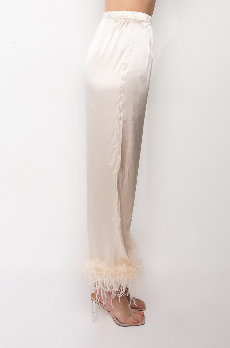 HIDDEN AGENDA FEATHER DETAIL CROPPED SATIN PANTS