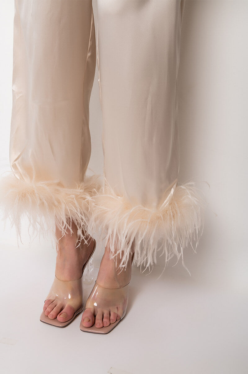 HIDDEN AGENDA FEATHER DETAIL CROPPED SATIN PANTS