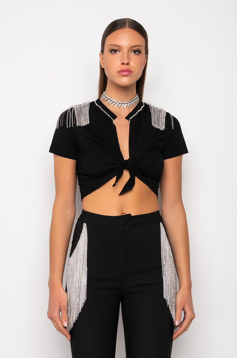 HOUSTON ATLANTA VEGAS EMBELLISHED TIE FRONT CROP TOP