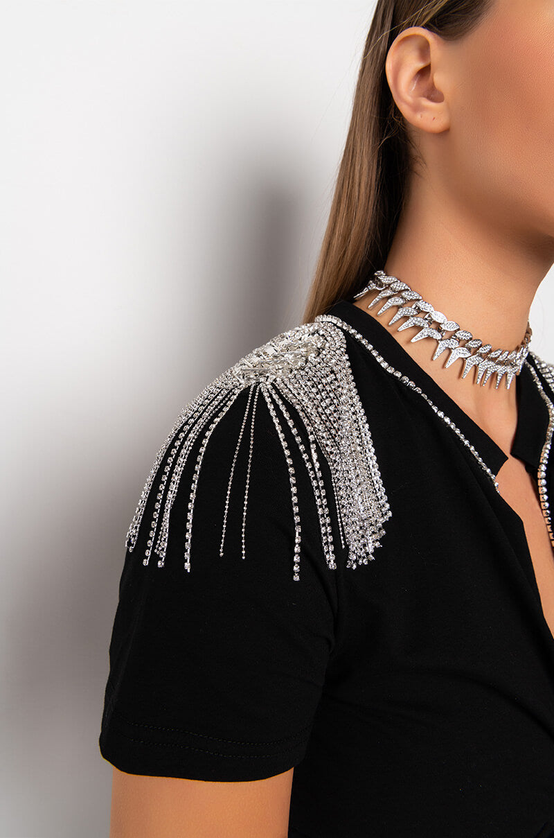 HOUSTON ATLANTA VEGAS EMBELLISHED TIE FRONT CROP TOP